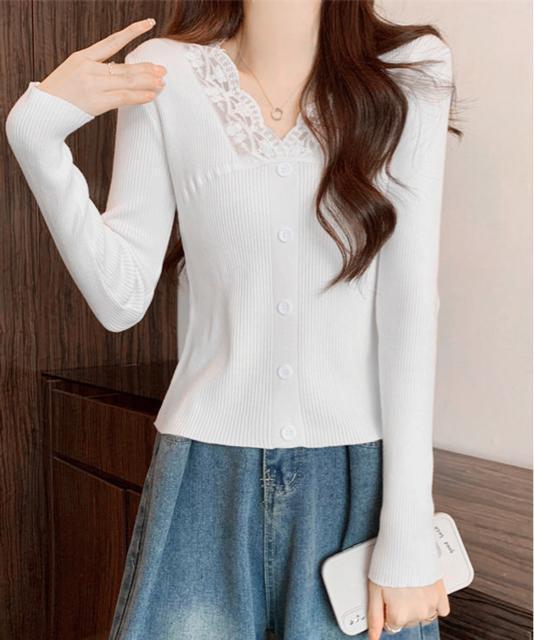 送料無料 新品 ニットトップス Vネック レース切替え < 女性ファッション  送料無料 新品 ニットトップス Vネック レース切替え < 女性ファッションの