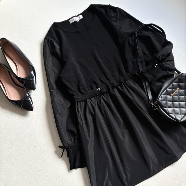 ◆美品◆スーパービューティー◆ニット切替長袖チュニック◆ナイロン◆黒◆フレア◆L < 女性ファッション ◆美品◆スーパービューティー◆ニット切替長袖チュニック◆ナイロン◆黒◆フレア◆L < 女性ファッションの