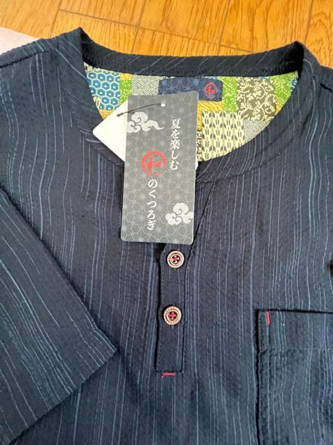 Mサイズ!高貴紳士的!和のくつろぎ!サラッとしじら織り!ヘンリーネック!半袖シャツ!杢濃紺系色合い! < 男性ファッション  Mサイズ!高貴紳士的!和のくつろぎ!サラッとしじら織り!ヘンリーネック!半袖シャツ!杢濃紺系色合い!  < 男性ファッションの