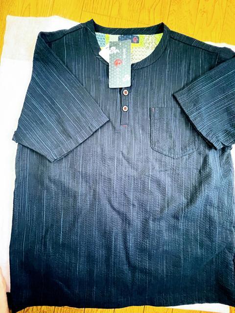 Mサイズ!高貴紳士的!和のくつろぎ!サラッとしじら織り!ヘンリーネック!半袖シャツ!杢濃紺系色合い! < 男性ファッション  Mサイズ!高貴紳士的!和のくつろぎ!サラッとしじら織り!ヘンリーネック!半袖シャツ!杢濃紺系色合い! < 男性ファッションの