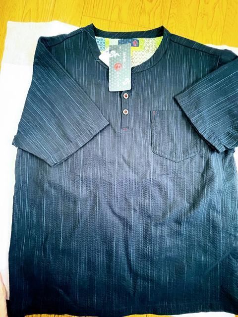 Mサイズ!高貴紳士的!和のくつろぎ!サラッとしじら織り!ヘンリーネック!半袖シャツ!杢濃紺系色合い! < 男性ファッション  Mサイズ!高貴紳士的!和のくつろぎ!サラッとしじら織り!ヘンリーネック!半袖シャツ!杢濃紺系色合い! < 男性ファッションの