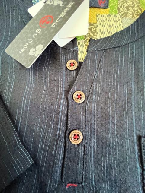 Mサイズ!高貴紳士的!和のくつろぎ!サラッとしじら織り!ヘンリーネック!半袖シャツ!杢濃紺系色合い! < 男性ファッション  Mサイズ!高貴紳士的!和のくつろぎ!サラッとしじら織り!ヘンリーネック!半袖シャツ!杢濃紺系色合い! < 男性ファッションの