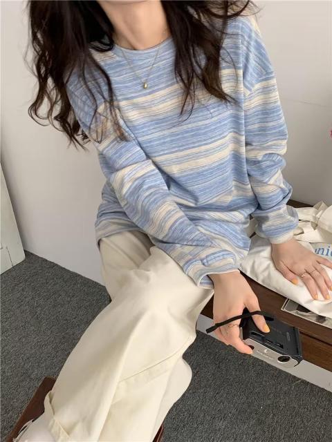 超お買い得1290円★レディース 春夏秋 ストライプ ラウンドネック 長袖Tシャツ ルーズ インスタ風トップス日本サイズL空色 < 女性ファッション 超お買い得1290円★レディース 春夏秋 ストライプ ラウンドネック 長袖Tシャツ ルーズ インスタ風トップス日本サイズL空色 < 女性ファッションの
