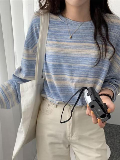 超お買い得1290円★レディース 春夏秋 ストライプ ラウンドネック 長袖Tシャツ ルーズ インスタ風トップス日本サイズL空色 < 女性ファッション 超お買い得1290円★レディース 春夏秋 ストライプ ラウンドネック 長袖Tシャツ ルーズ インスタ風トップス日本サイズL空色 < 女性ファッションの
