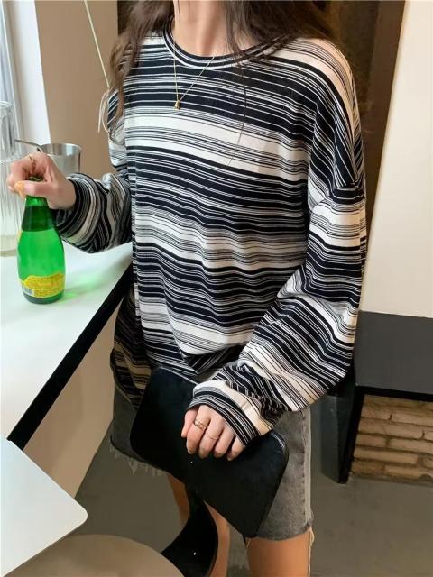 超お買い得1290円★レディース 春夏秋 ストライプ ラウンドネック 長袖Tシャツ ルーズ インスタ風トップス日本サイズL空色 < 女性ファッション 超お買い得1290円★レディース 春夏秋 ストライプ ラウンドネック 長袖Tシャツ ルーズ インスタ風トップス日本サイズL空色 < 女性ファッションの