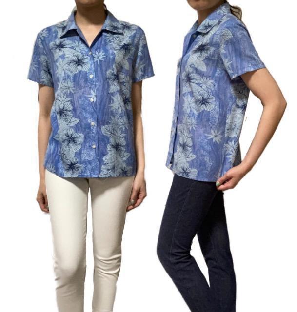 爽やかブルー系ハイビスカス柄◎アロハシャツ(M)美品 < 女性ファッション 爽やかブルー系ハイビスカス柄◎アロハシャツ(M)美品 < 女性ファッションの