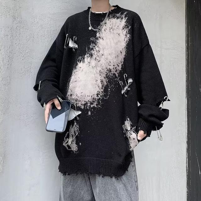 ニット セーター ダメージ入り プローチピン付き ブラックベージュ 配色 大きいサイズ < 女性ファッション ニット セーター ダメージ入り プローチピン付き ブラックベージュ 配色 大きいサイズ < 女性ファッションの