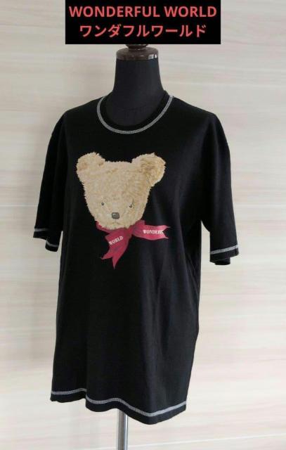 WONDERFUL WORLD■ワンダフルワールド■リボンクマ 顔クマ プリント柄Tシャツ■裏側肩部分難有り < ブランド  WONDERFUL WORLD■ワンダフルワールド■リボンクマ 顔クマ プリント柄Tシャツ■裏側肩部分難有り  < ブランドの