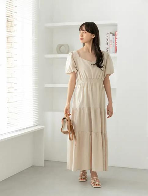 インスタグラマー限定コラボ●定価6,028円●パフスリーブリネン混ティアードワンピース●M ベージュ●sonkyo1013 < 女性ファッション  インスタグラマー限定コラボ●定価6,028円●パフスリーブリネン混ティアードワンピース●M ベージュ●sonkyo1013 < 女性ファッションの