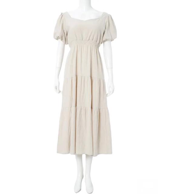 インスタグラマー限定コラボ●定価6,028円●パフスリーブリネン混ティアードワンピース●M ベージュ●sonkyo1013 < 女性ファッション  インスタグラマー限定コラボ●定価6,028円●パフスリーブリネン混ティアードワンピース●M ベージュ●sonkyo1013 < 女性ファッションの