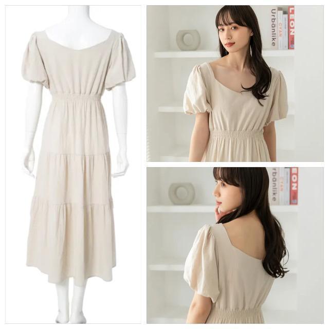 インスタグラマー限定コラボ●定価6,028円●パフスリーブリネン混ティアードワンピース●M ベージュ●sonkyo1013 < 女性ファッション  インスタグラマー限定コラボ●定価6,028円●パフスリーブリネン混ティアードワンピース●M ベージュ●sonkyo1013 < 女性ファッションの