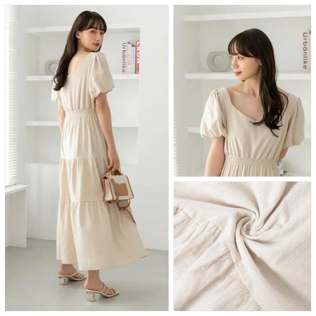 インスタグラマー限定コラボ●定価6,028円●パフスリーブリネン混ティアードワンピース●M ベージュ●sonkyo1013 < 女性ファッション  インスタグラマー限定コラボ●定価6,028円●パフスリーブリネン混ティアードワンピース●M ベージュ●sonkyo1013 < 女性ファッションの