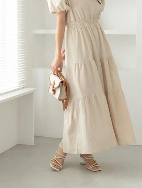 インスタグラマー限定コラボ●定価6,028円●パフスリーブリネン混ティアードワンピース●M ベージュ●sonkyo1013 < 女性ファッション  インスタグラマー限定コラボ●定価6,028円●パフスリーブリネン混ティアードワンピース●M ベージュ●sonkyo1013 < 女性ファッションの