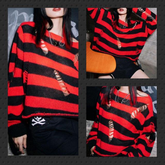 ROMWE★新品★ダメージ加工のボーダーセーター/L < 女性ファッション  ROMWE★新品★ダメージ加工のボーダーセーター/L  < 女性ファッションの