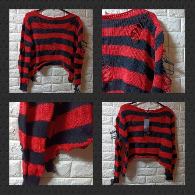 ROMWE★新品★ダメージ加工のボーダーセーター/L < 女性ファッション  ROMWE★新品★ダメージ加工のボーダーセーター/L < 女性ファッションの