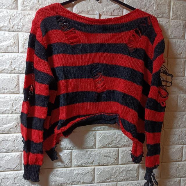 ROMWE★新品★ダメージ加工のボーダーセーター/L < 女性ファッション  ROMWE★新品★ダメージ加工のボーダーセーター/L < 女性ファッションの