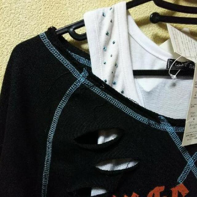 新品★タンク付イーグルプリントダメージカットソー/黒M < 女性ファッション  新品★タンク付イーグルプリントダメージカットソー/黒M < 女性ファッションの