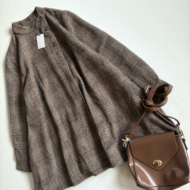 ◆新品◆1.5万程◆ウール混チェックシャツチュニック◆ブラウン◆ゆったり◆フリー < 女性ファッション ◆新品◆1.5万程◆ウール混チェックシャツチュニック◆ブラウン◆ゆったり◆フリー < 女性ファッションの