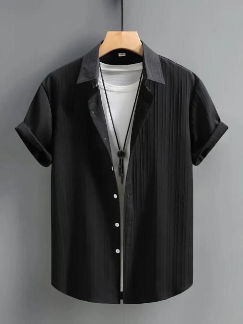超お買い得1190円★メンズ半袖ボタンアップシャツ - ブラック縦ストライプポリエステル生地 USAサイズM(日本サイズXL相当) < 男性ファッション  超お買い得1190円★メンズ半袖ボタンアップシャツ - ブラック縦ストライプポリエステル生地 USAサイズM(日本サイズXL相当) < 男性ファッションの