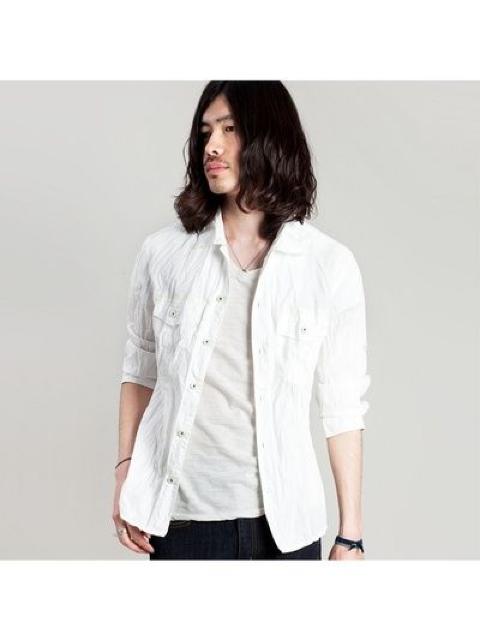 □ナノユニバース シワ加工 ミリタリー シャツ/7分袖/メンズ/S/ホワイト☆新品 < ブランド  □ナノユニバース シワ加工 ミリタリー シャツ/7分袖/メンズ/S/ホワイト☆新品 < ブランドの