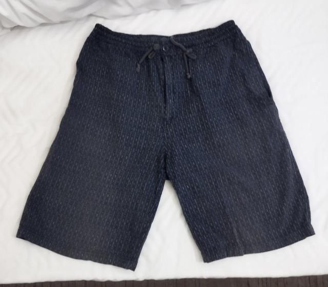 Modified 紺かすり風 ハーフパンツ 前ファスナー ひもアジャスター < 男性ファッション  Modified 紺かすり風 ハーフパンツ 前ファスナー ひもアジャスター  < 男性ファッションの