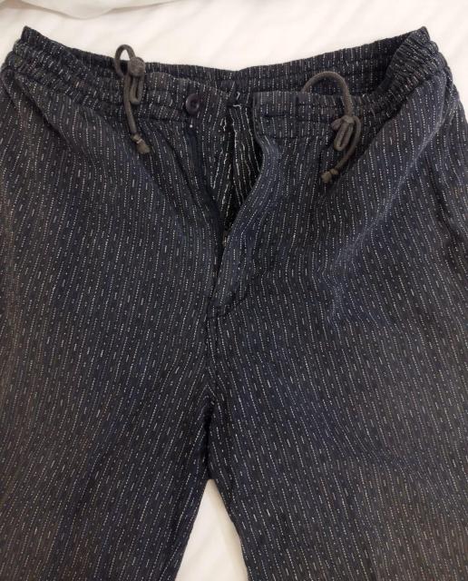 Modified 紺かすり風 ハーフパンツ 前ファスナー ひもアジャスター < 男性ファッション  Modified 紺かすり風 ハーフパンツ 前ファスナー ひもアジャスター < 男性ファッションの