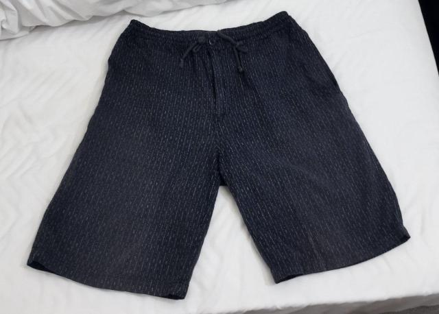 Modified 紺かすり風 ハーフパンツ 前ファスナー ひもアジャスター < 男性ファッション  Modified 紺かすり風 ハーフパンツ 前ファスナー ひもアジャスター < 男性ファッションの