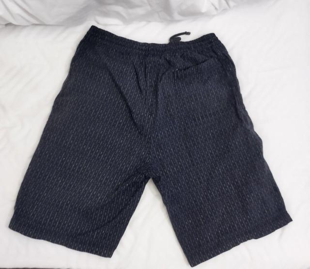 Modified 紺かすり風 ハーフパンツ 前ファスナー ひもアジャスター < 男性ファッション  Modified 紺かすり風 ハーフパンツ 前ファスナー ひもアジャスター < 男性ファッションの