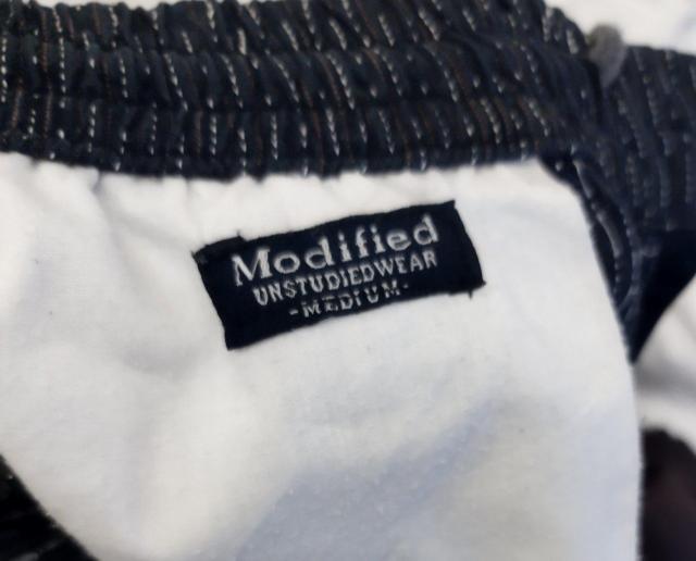 Modified 紺かすり風 ハーフパンツ 前ファスナー ひもアジャスター < 男性ファッション  Modified 紺かすり風 ハーフパンツ 前ファスナー ひもアジャスター < 男性ファッションの