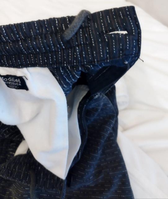 Modified 紺かすり風 ハーフパンツ 前ファスナー ひもアジャスター < 男性ファッション  Modified 紺かすり風 ハーフパンツ 前ファスナー ひもアジャスター < 男性ファッションの