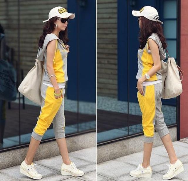 ★大人気 ★ノースリーブ7分丈上下セットスエット・イエロー < 女性ファッション  ★大人気 ★ノースリーブ7分丈上下セットスエット・イエロー < 女性ファッションの