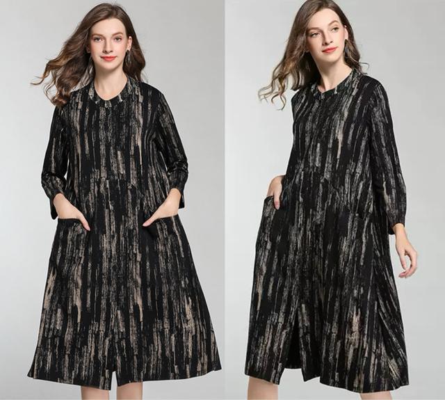 前開き 厚手 ワンピース ストライプ柄 ブラックブラウン 大きいサイズ < 女性ファッション 前開き 厚手 ワンピース ストライプ柄 ブラックブラウン 大きいサイズ < 女性ファッションの