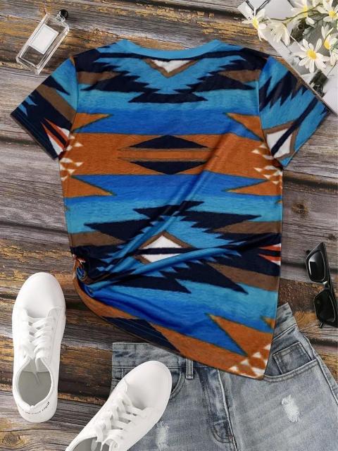 爆ヤス価格1390円★アステカジオプリントのVネックTシャツ、春夏用のショートスリーブ USAサイズL(日本サイズ2XL相当) < 女性ファッション  爆ヤス価格1390円★アステカジオプリントのVネックTシャツ、春夏用のショートスリーブ USAサイズL(日本サイズ2XL相当) < 女性ファッションの