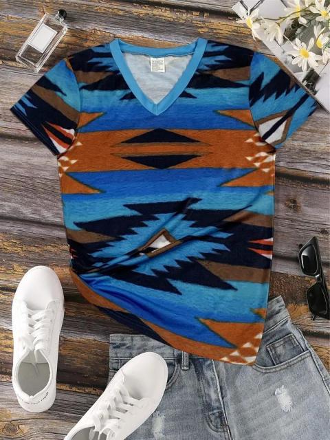 爆ヤス価格1390円★アステカジオプリントのVネックTシャツ、春夏用のショートスリーブ USAサイズL(日本サイズ2XL相当) < 女性ファッション  爆ヤス価格1390円★アステカジオプリントのVネックTシャツ、春夏用のショートスリーブ USAサイズL(日本サイズ2XL相当) < 女性ファッションの