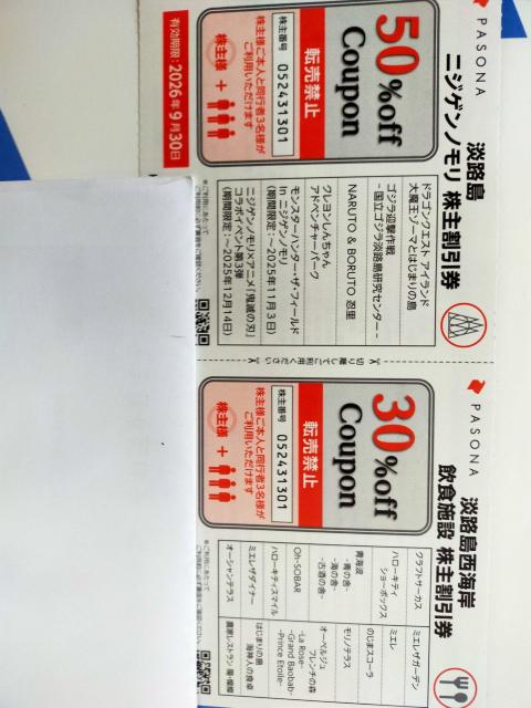 パソナグループ株主優待券 淡路島西海岸飲食施設30%off+ニジゲンノモリ50%off < チケット/金券  パソナグループ株主優待券 淡路島西海岸飲食施設30%off+ニジゲンノモリ50%off  < チケット/金券の